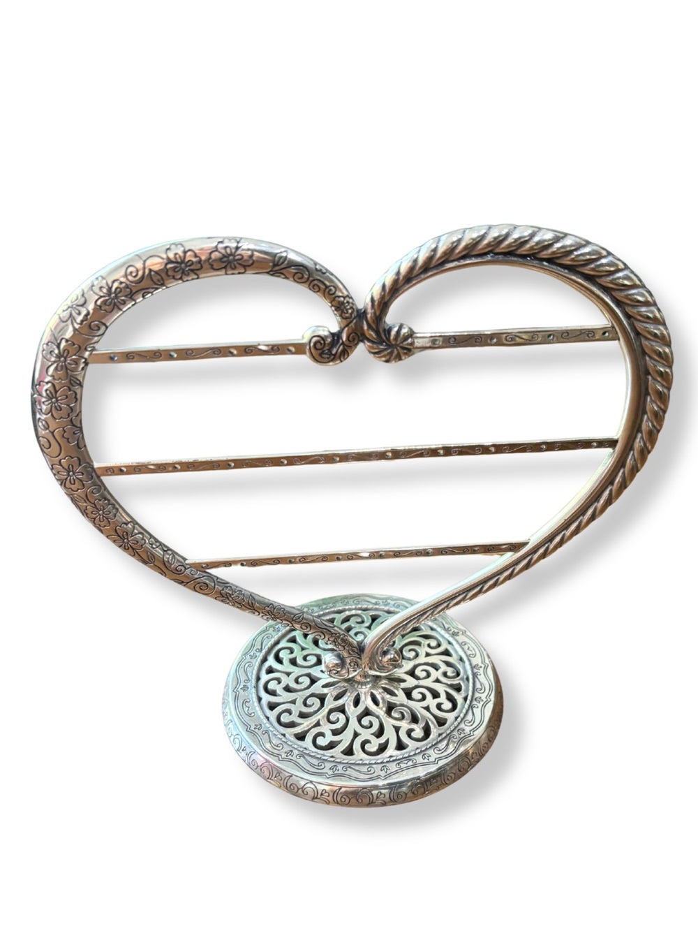 Brighton Heart Jewelry Earring Holder Stand Silver Floral Scroll Organizer